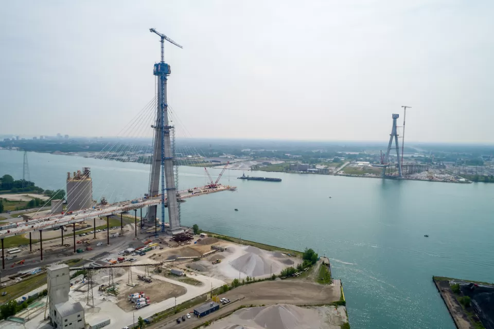 Construction in progress on the Gordie Howe International Bridge above the Detroit River.